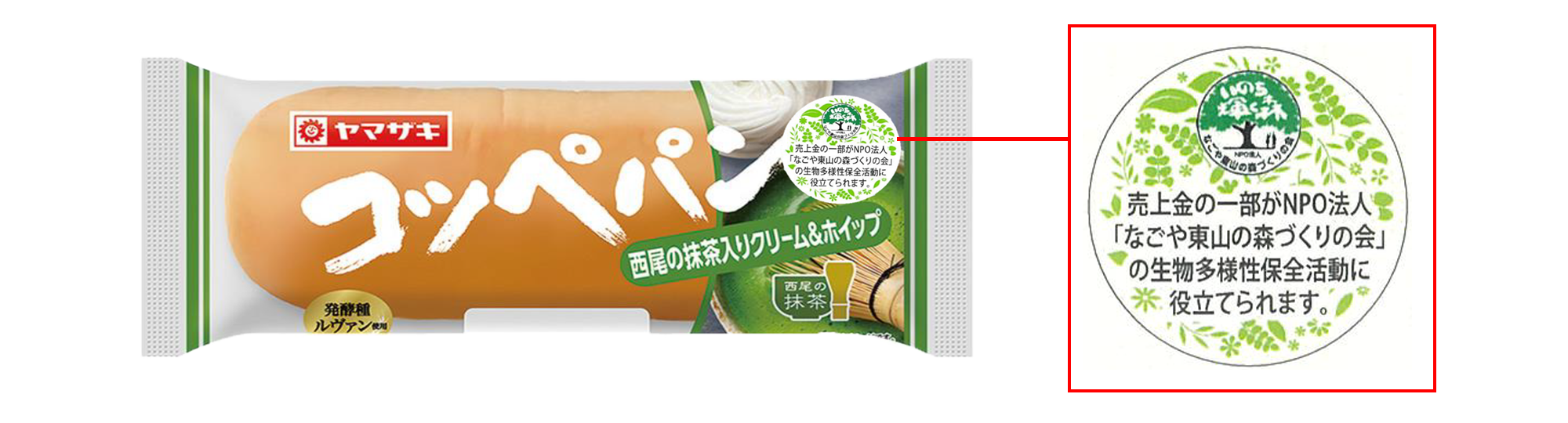「コッペパン（西尾の抹茶入りクリーム＆ホイップ）」のパッケージに「売上金の一部がNPO法人「なごや東山の森づくりの会」の生物多様性保全活動に役立てられます。」というラベルがついている
