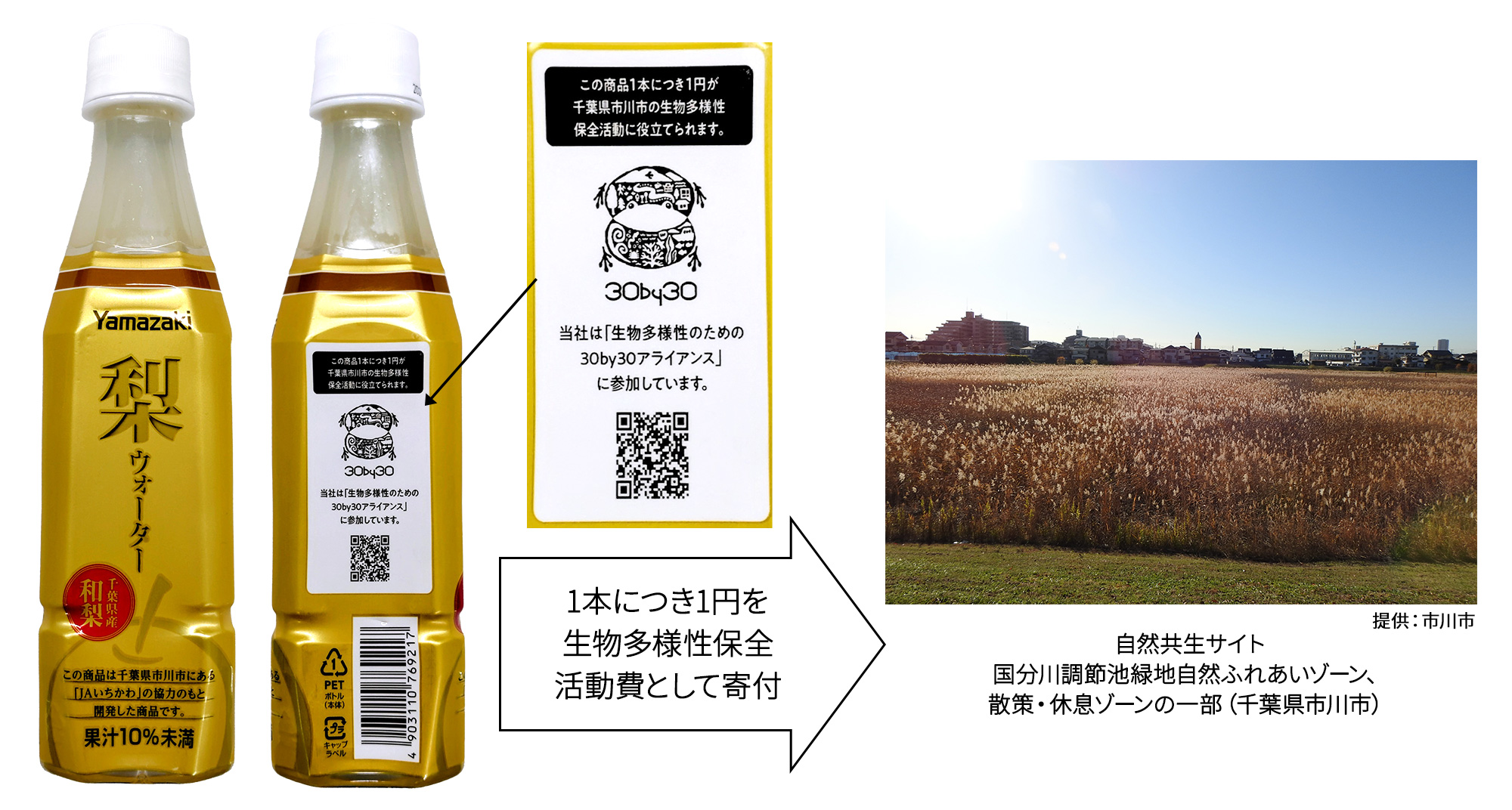 梨ウォーターのパッケージに「３０ｂｙ３０アライアンス※」のロゴマークと、1本につき1円を生物多様性保全活動費として寄付する内容が記載されており、その横に自然共生サイト国分川調節池緑地自然ふれあいゾーン、散策・休息ゾーンの一部（千葉県市川市）の画像がある