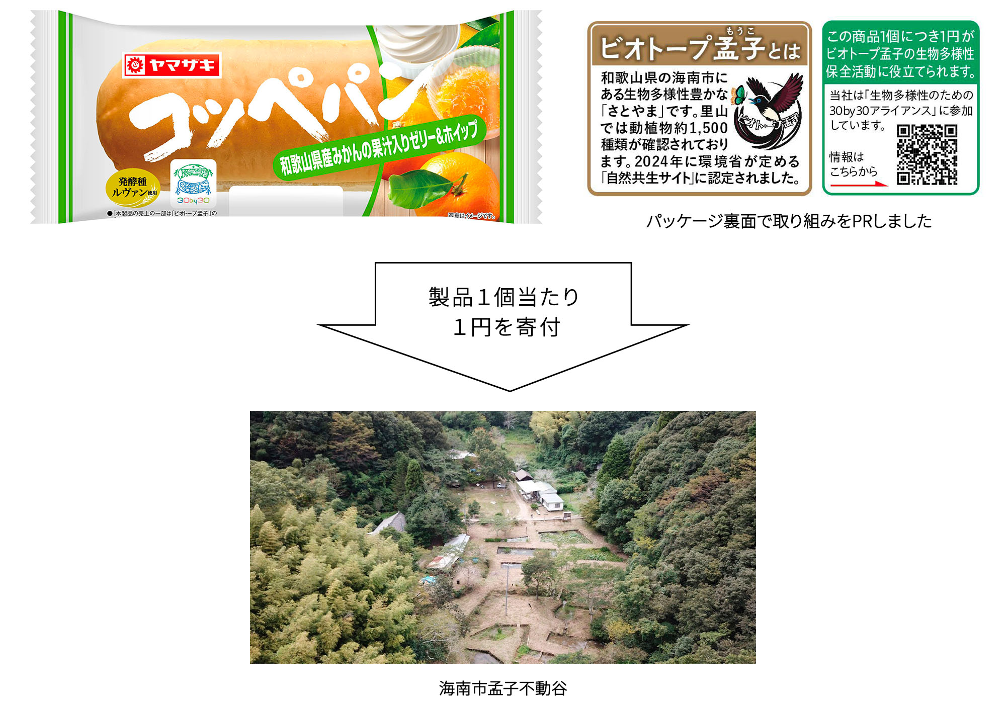 コッペパン（和歌山県産みかんの果汁入りゼリー＆ホイップ）のパッケージ裏面で取り組みをPR、製品1個に当たり1円をビオトープ孟子の生物多様性保全活動に寄付する内容が記載されており、その下に海南市孟子不動谷の写真が掲載されています。